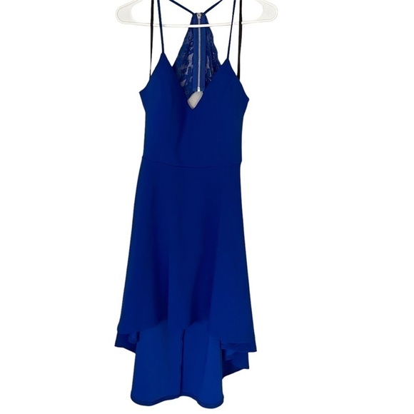B DARLIN Dress V Neck High Low Lace Cutout Back Royal Blue Junior Size 15/16 - Picture 2 of 14